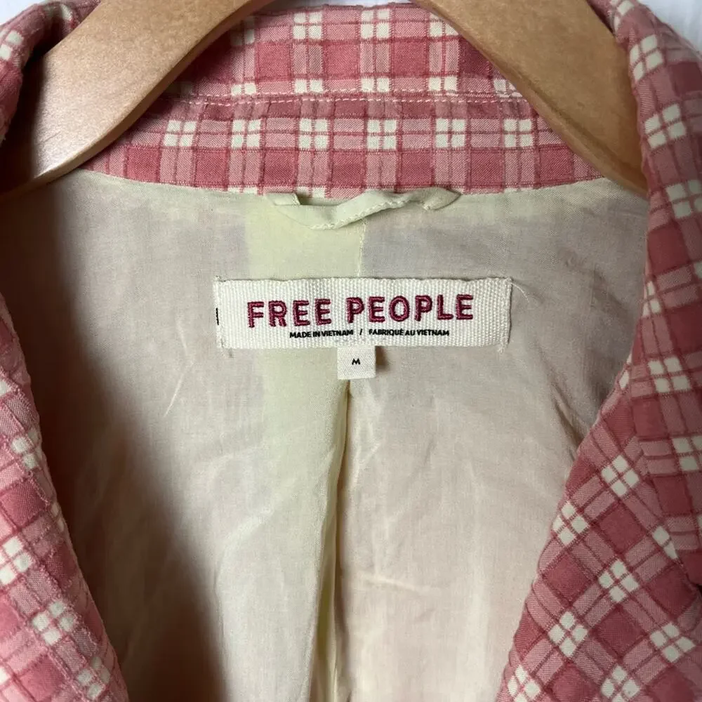 Free People Pink Cream Long Sleeve Button Waist Tie Olivia Gingham Blazer M